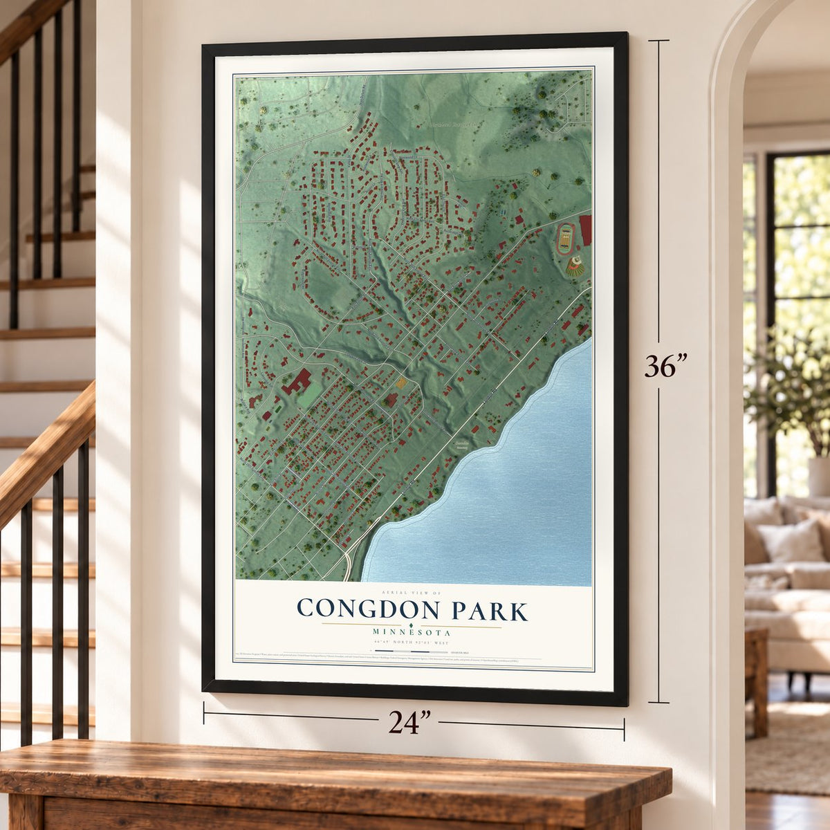 Congdon Park, Minnesota map, 24 x 36 inch print in a black frame by a staircase
