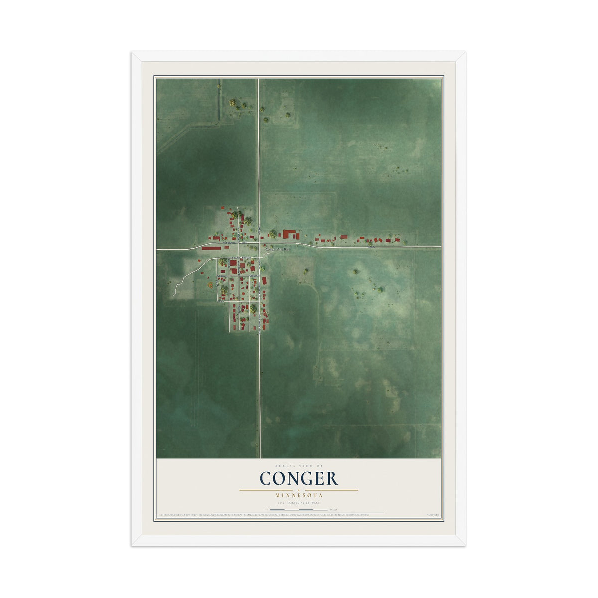 Map of Conger, Minnesota, 12 x 18 inch print in a white wood frame