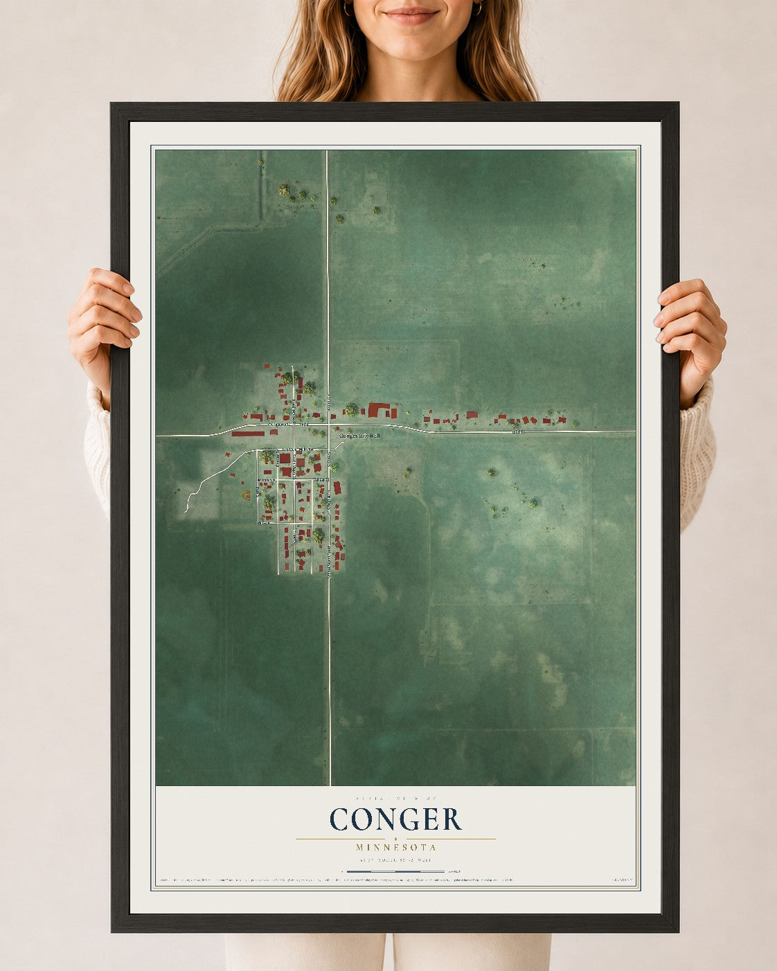 Map of Conger, Minnesota, 24 x 36 inch print in a black wood frame