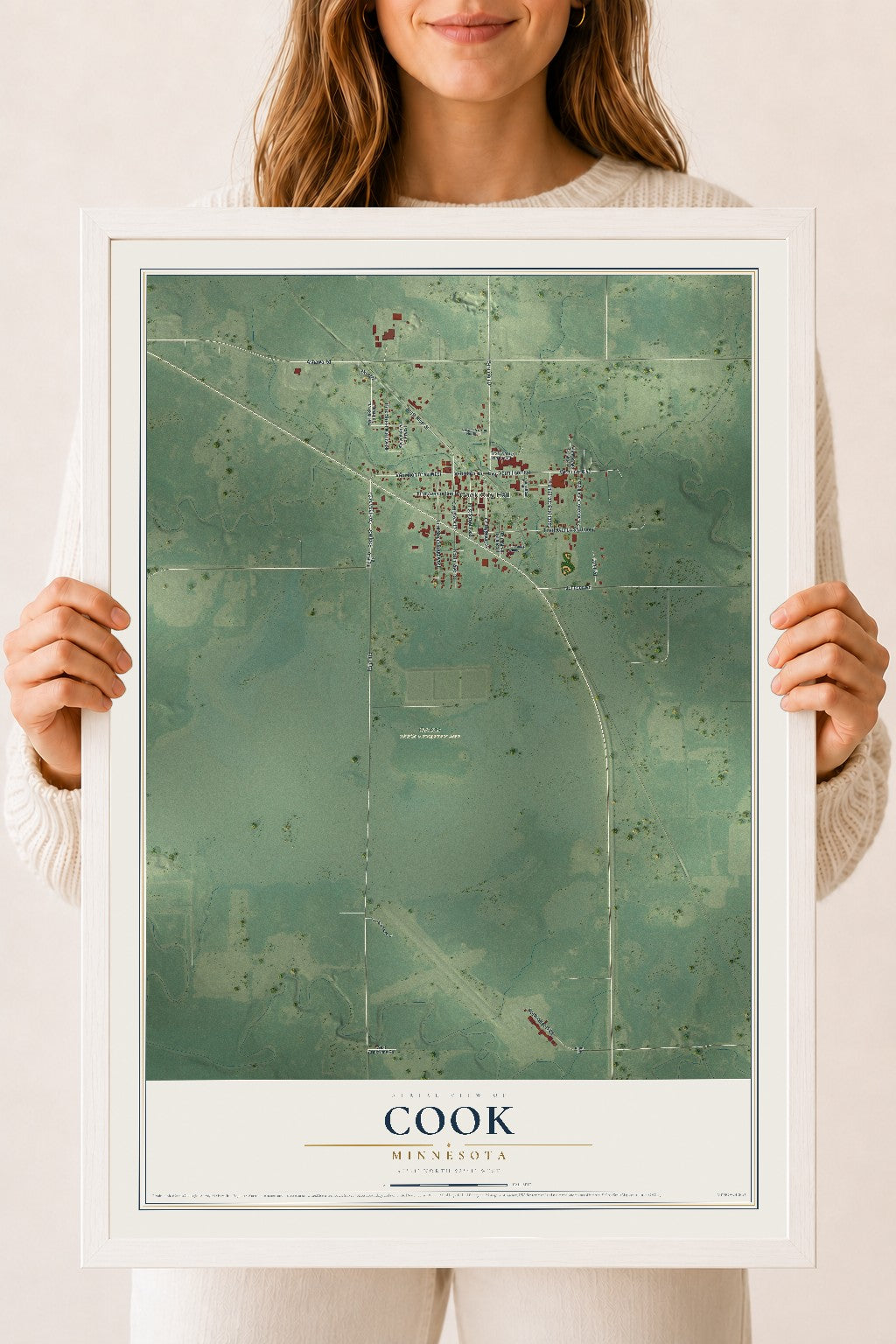 Map of Cook, Minnesota, 18 x 24 inch print in a white wood frame