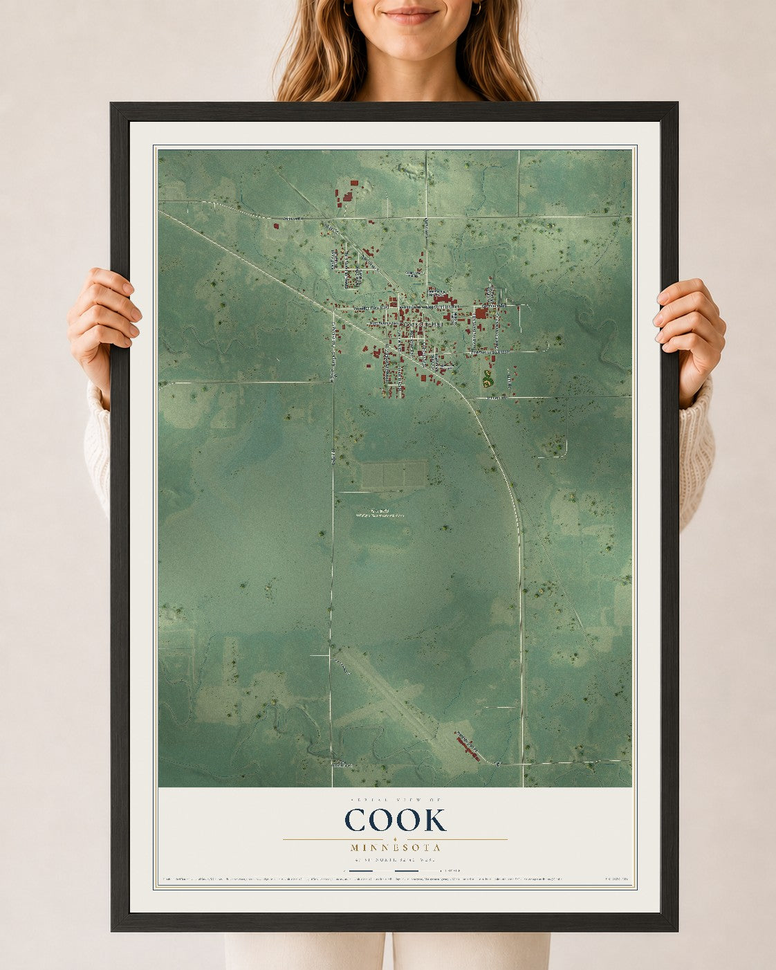 Map of Cook, Minnesota, 24 x 36 inch print in a black wood frame