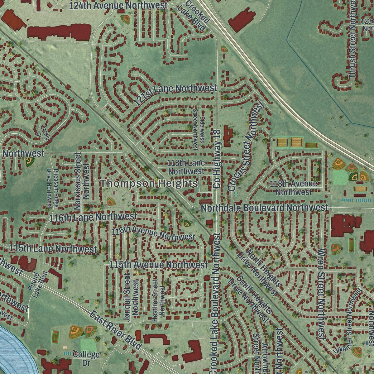 Close-up of the map of Coon Rapids, Minnesota print showing street and building detail