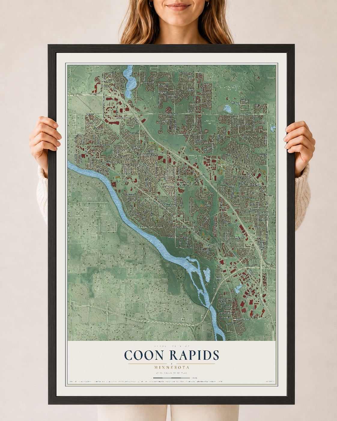Map of Coon Rapids, Minnesota, 24 x 36 inch print in a black wood frame