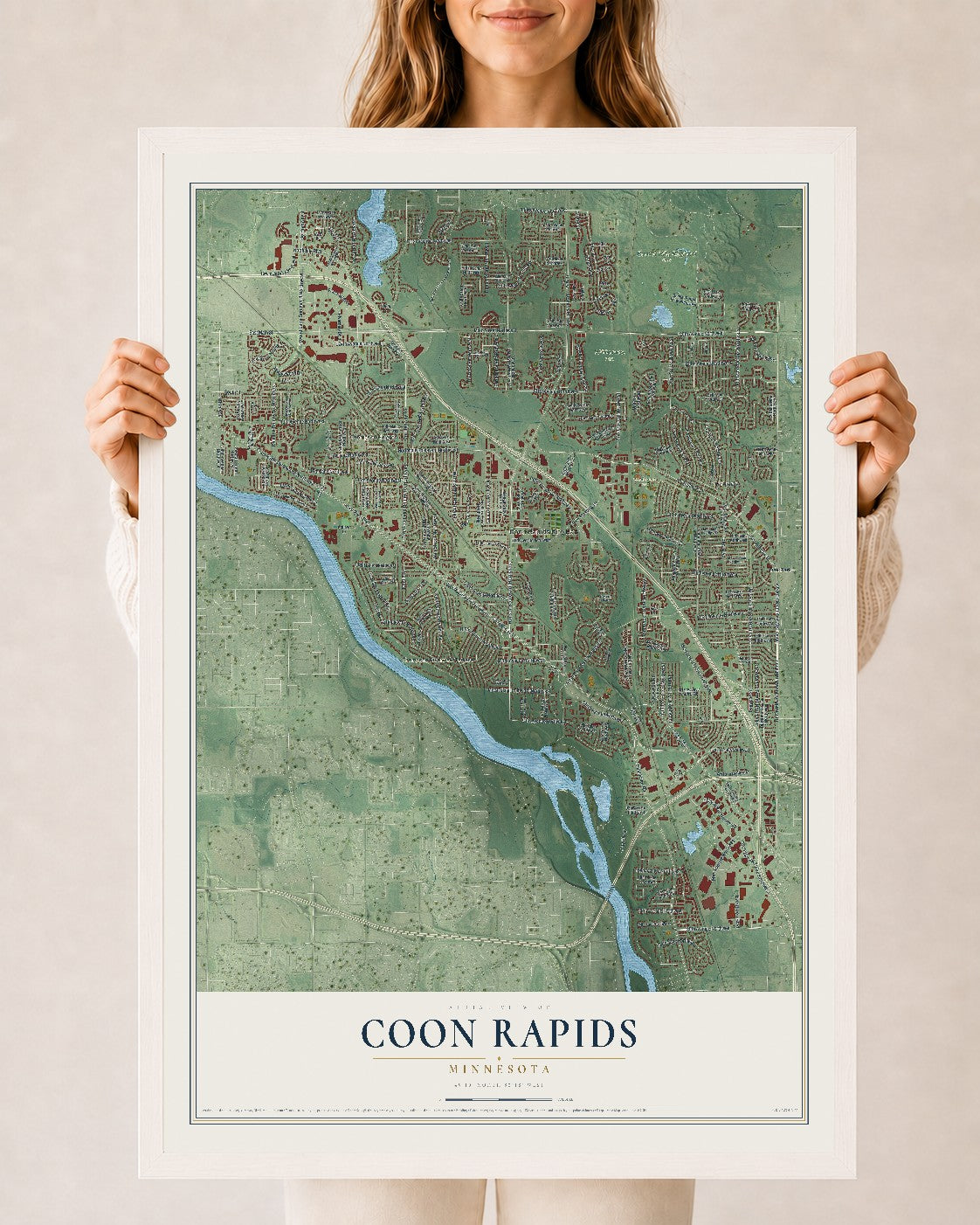 Map of Coon Rapids, Minnesota, 24 x 36 inch print in a white wood frame
