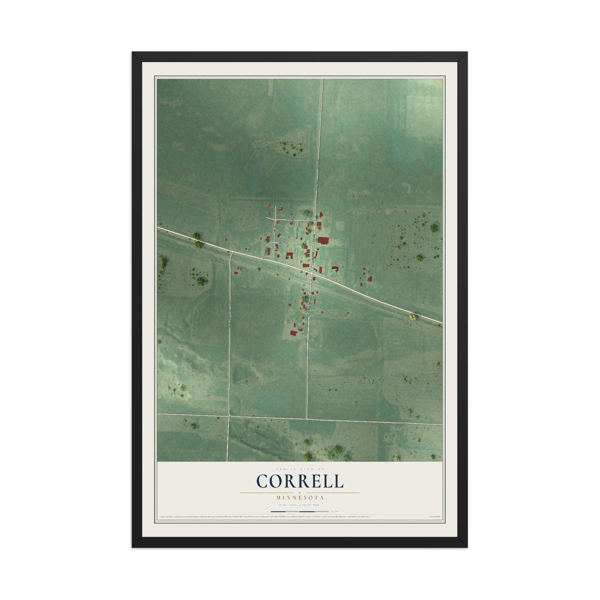Map of Correll, Minnesota, 12 x 18 inch print in a black wood frame