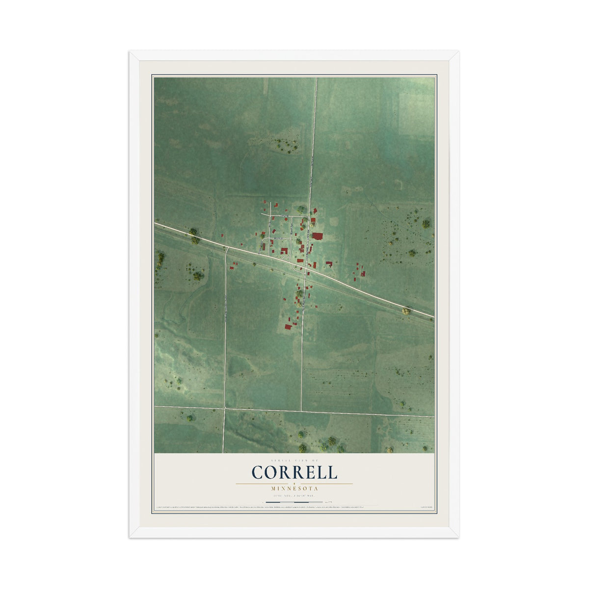 Map of Correll, Minnesota, 12 x 18 inch print in a white wood frame