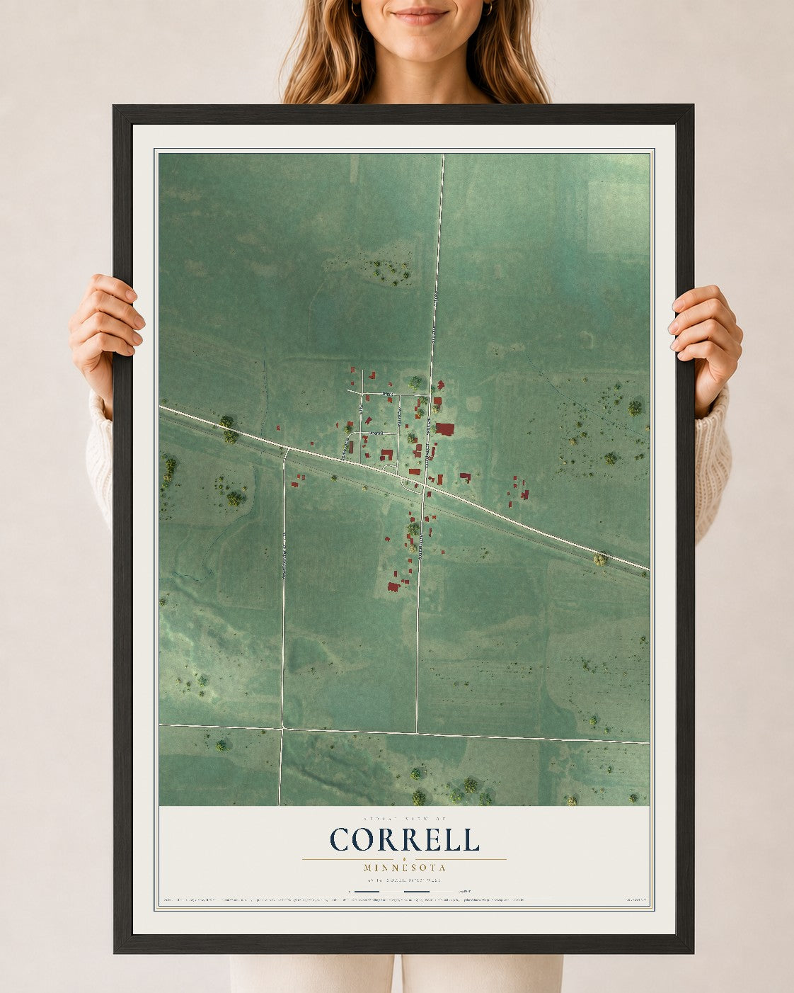 Map of Correll, Minnesota, 24 x 36 inch print in a black wood frame