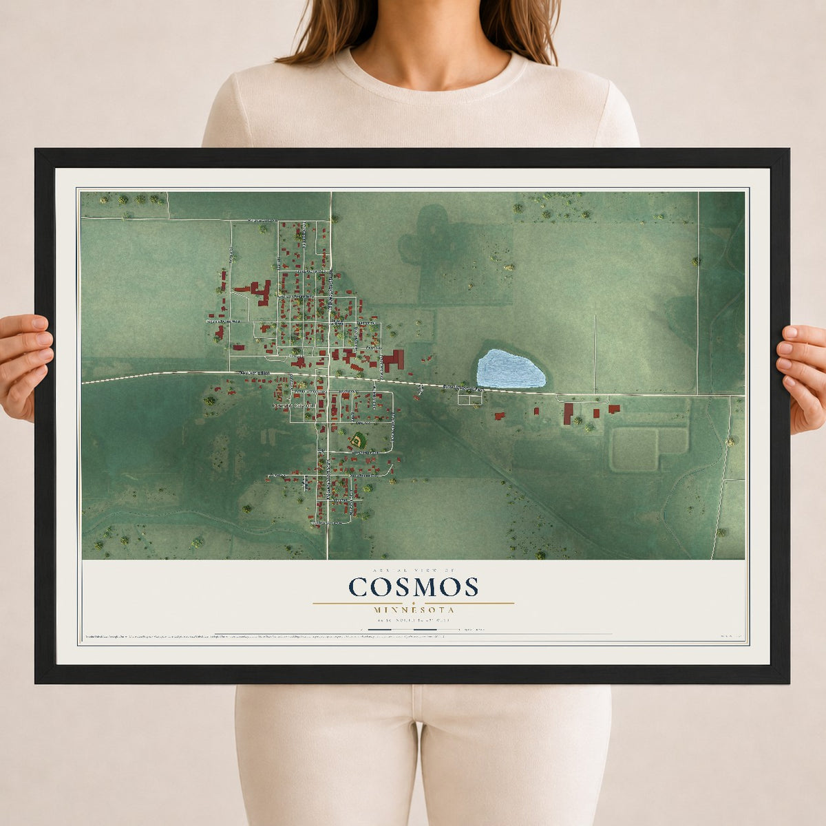 Map of Cosmos, Minnesota, 18 x 24 inch print in a black wood frame