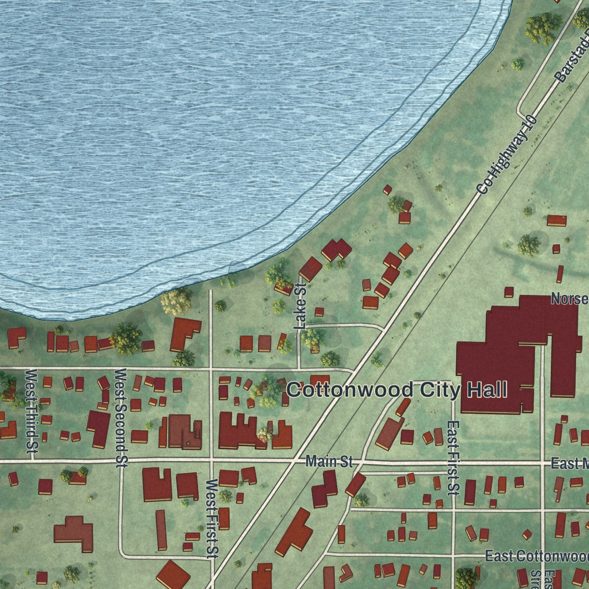 Close-up of the map of Cottonwood, Minnesota print showing street and building detail