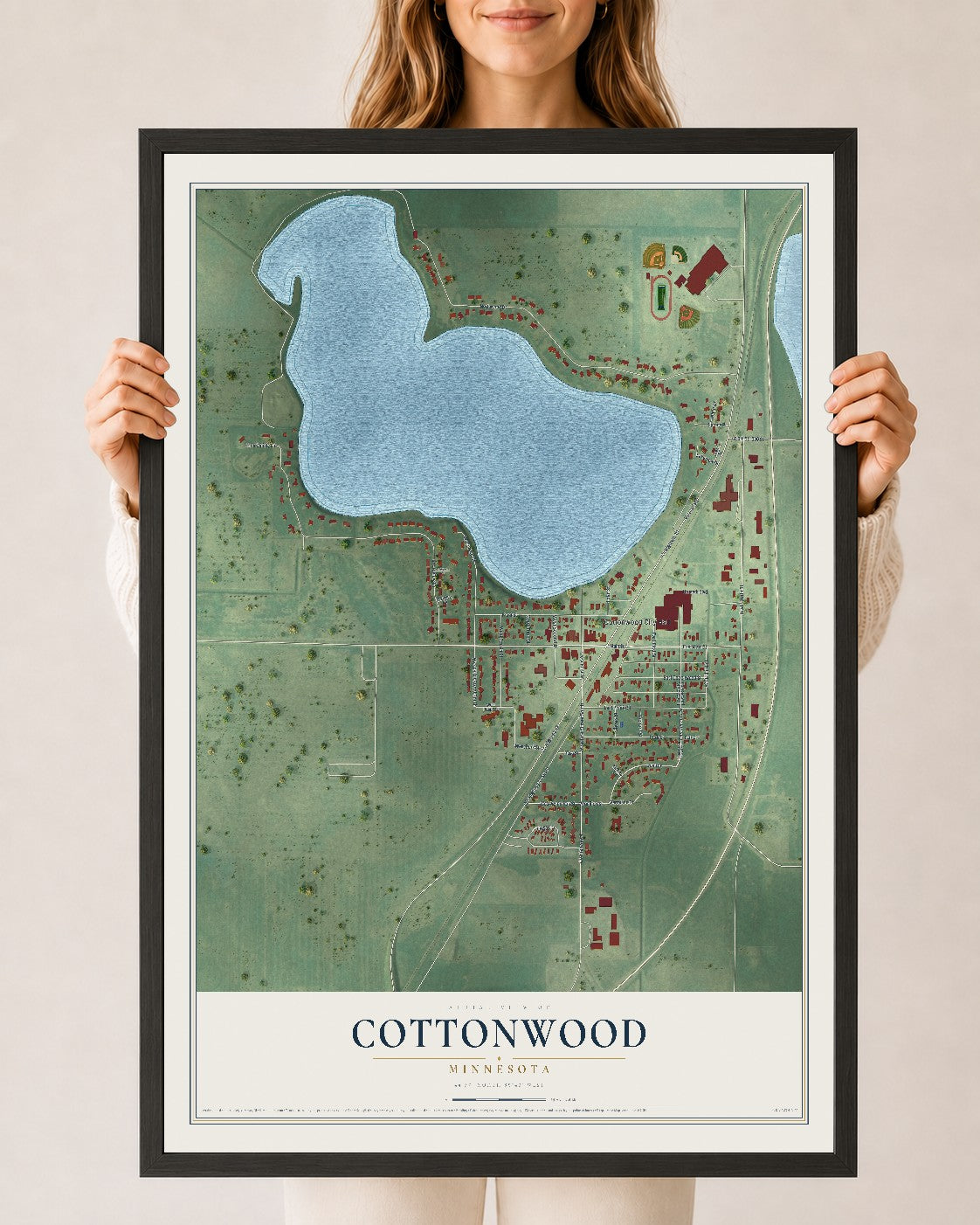 Map of Cottonwood, Minnesota, 24 x 36 inch print in a black wood frame