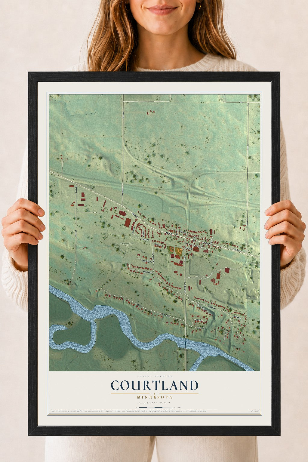 Map of Courtland, Minnesota, 18 x 24 inch print in a black wood frame