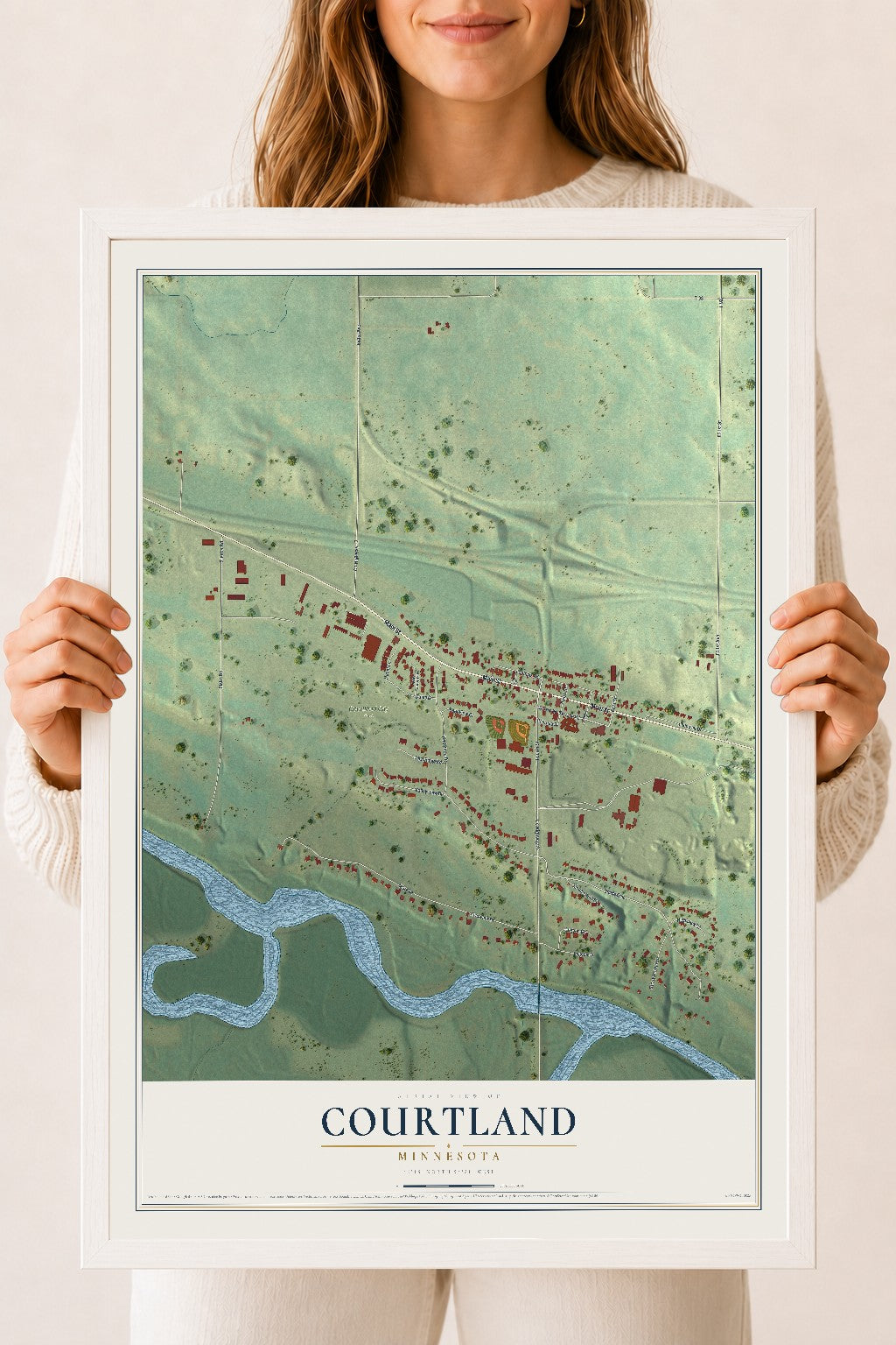 Map of Courtland, Minnesota, 18 x 24 inch print in a white wood frame