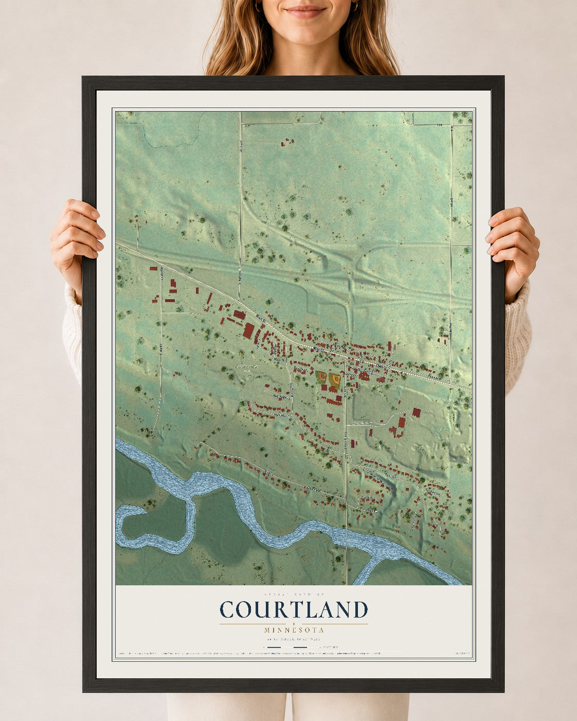 Map of Courtland, Minnesota, 24 x 36 inch print in a black wood frame