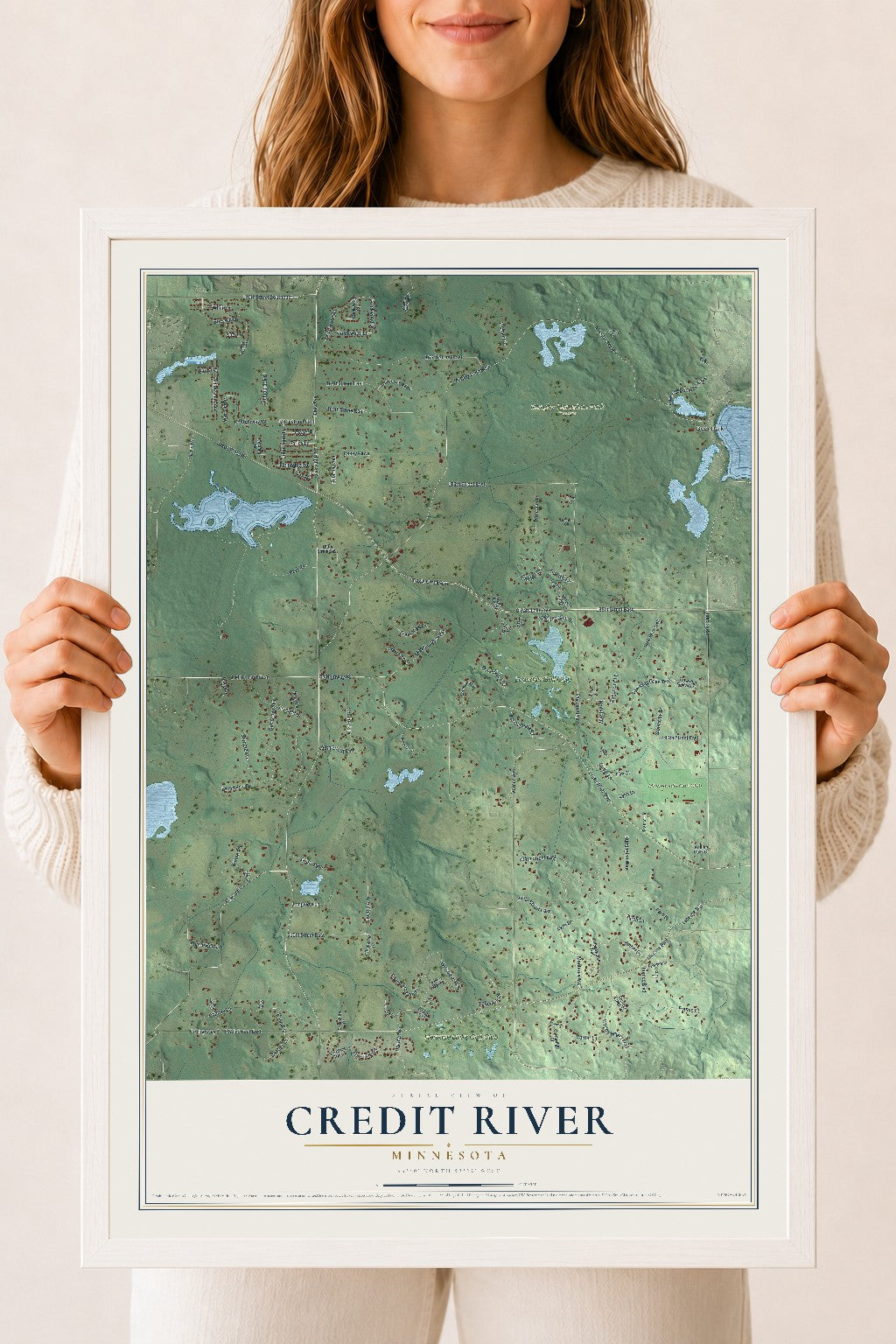 Map of Credit River, Minnesota, 18 x 24 inch print in a white wood frame