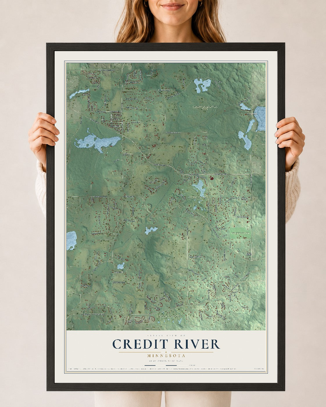 Map of Credit River, Minnesota, 24 x 36 inch print in a black wood frame