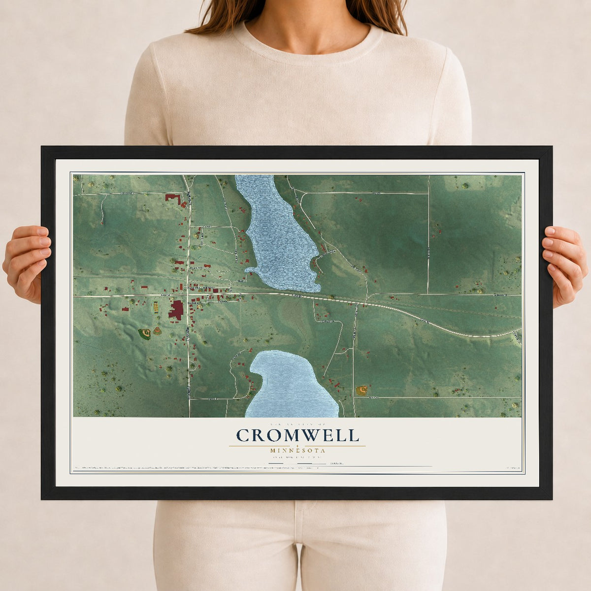 Map of Cromwell, Minnesota, 12 x 18 inch print in a black wood frame