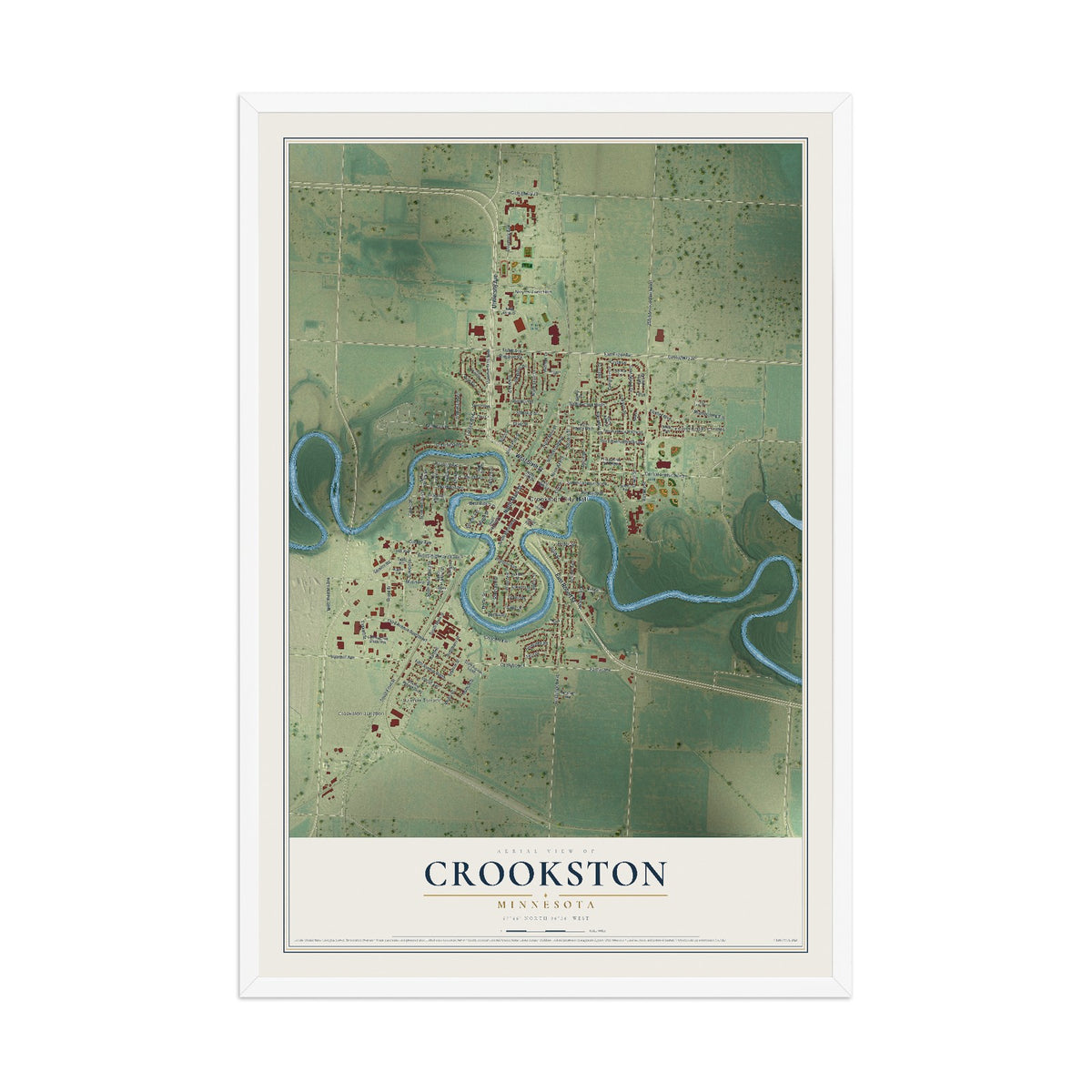 Map of Crookston, Minnesota, 12 x 18 inch print in a white wood frame