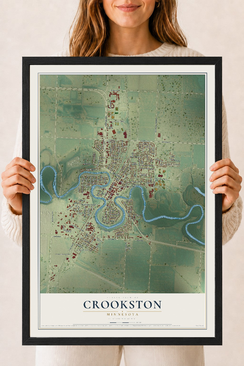 Map of Crookston, Minnesota, 18 x 24 inch print in a black wood frame