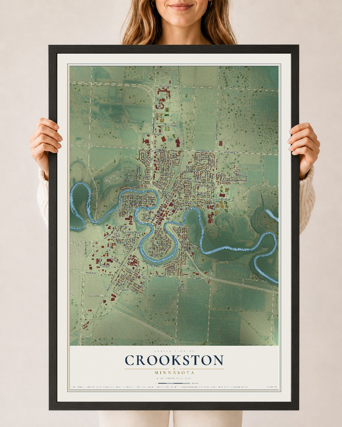 Map of Crookston, Minnesota, 24 x 36 inch print in a black wood frame