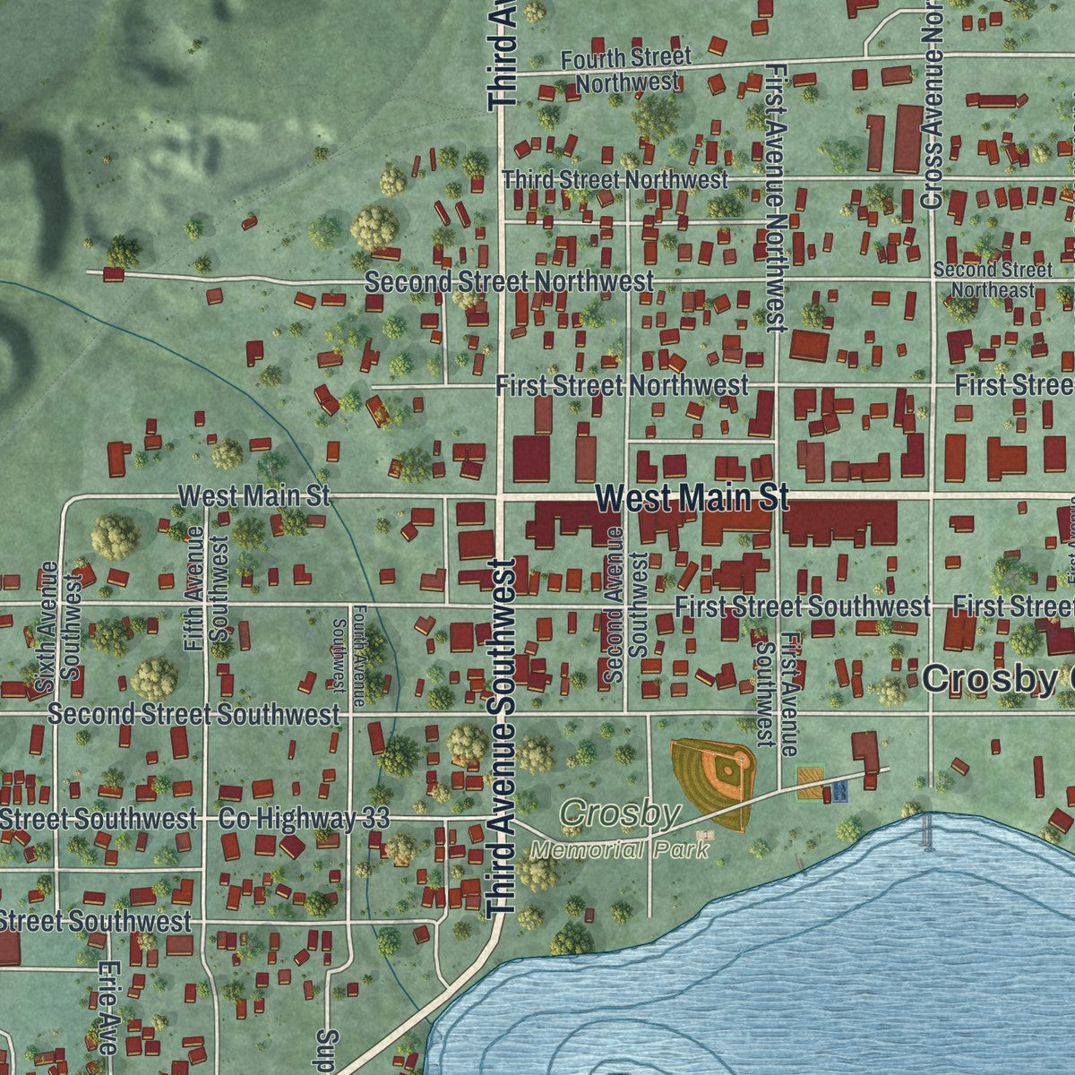 Close-up of the map of Crosby, Minnesota print showing street and building detail