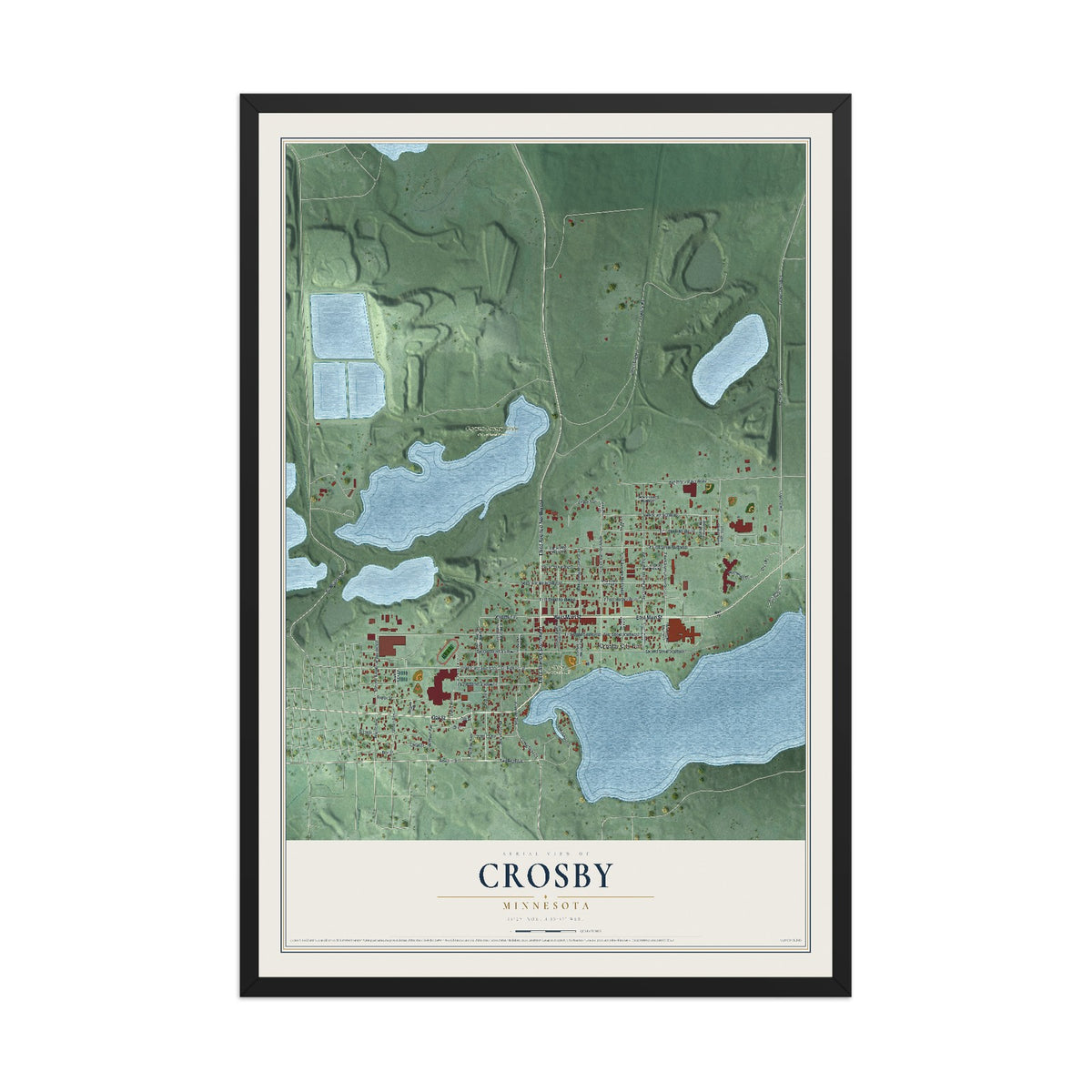 Map of Crosby, Minnesota, 12 x 18 inch print in a black wood frame