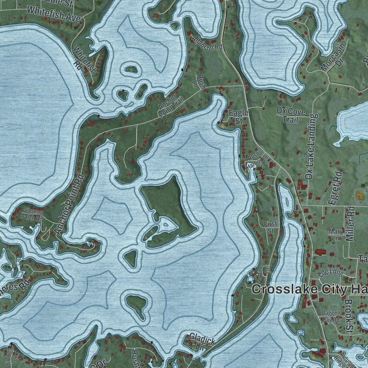 Close-up of the map of Crosslake, Minnesota print showing street and building detail
