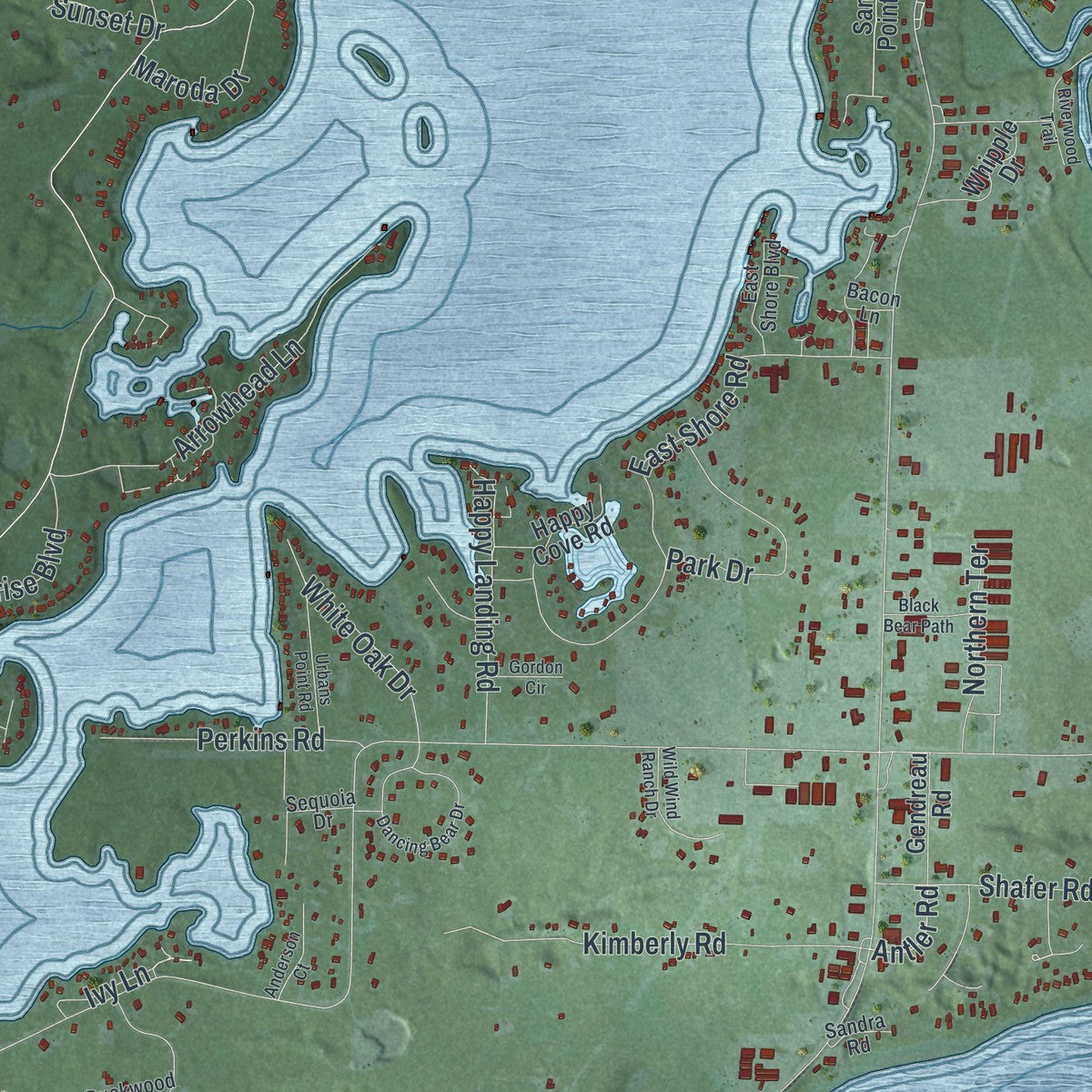 Second close-up of the map of Crosslake, Minnesota print showing more streets and buildings
