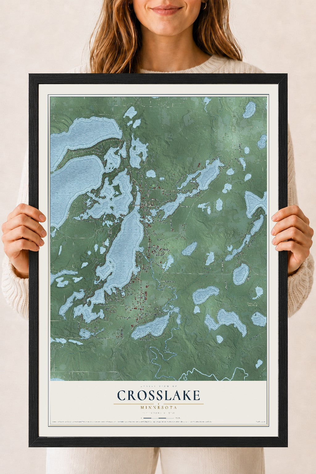 Map of Crosslake, Minnesota, 18 x 24 inch print in a black wood frame