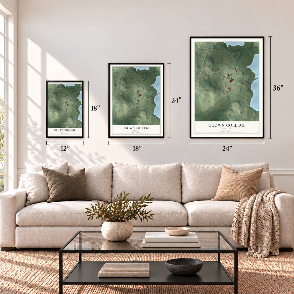 Crown College, Minnesota map in 12 x 18, 18 x 24 and 24 x 36 inch sizes above a sofa