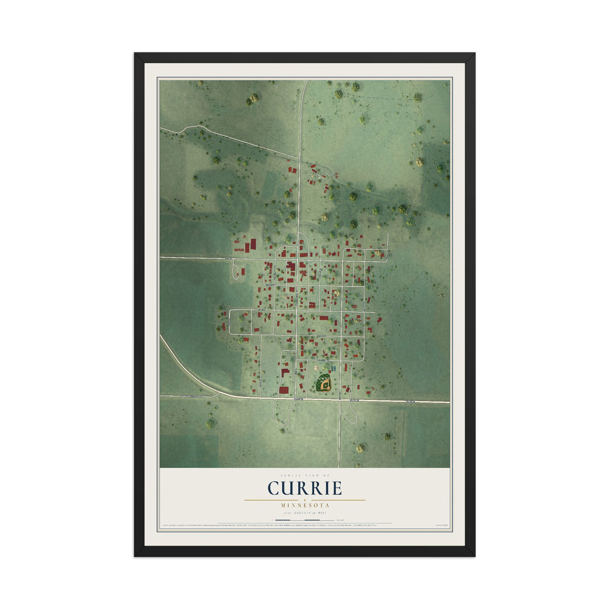 Map of Currie, Minnesota, 12 x 18 inch print in a black wood frame