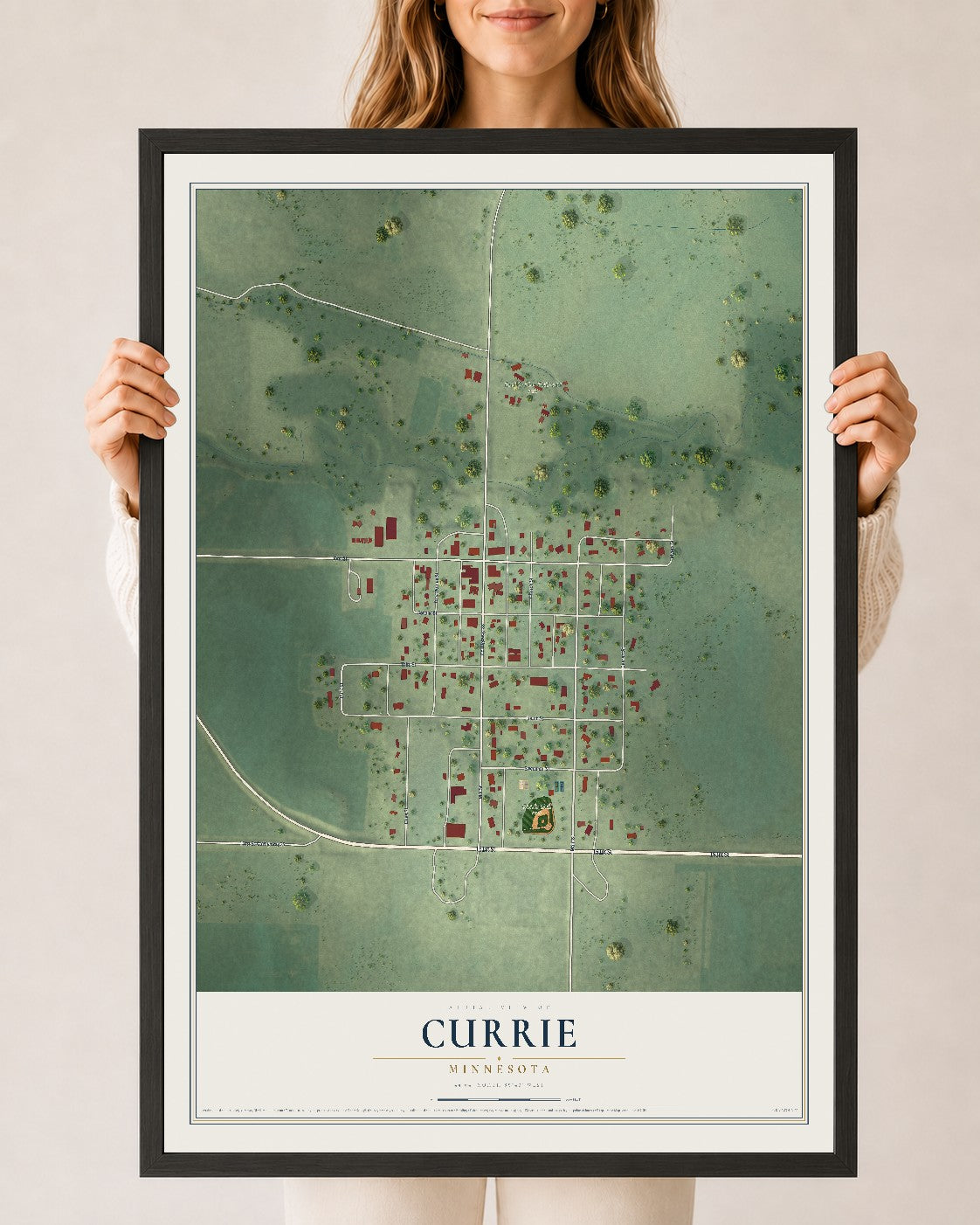 Map of Currie, Minnesota, 24 x 36 inch print in a black wood frame