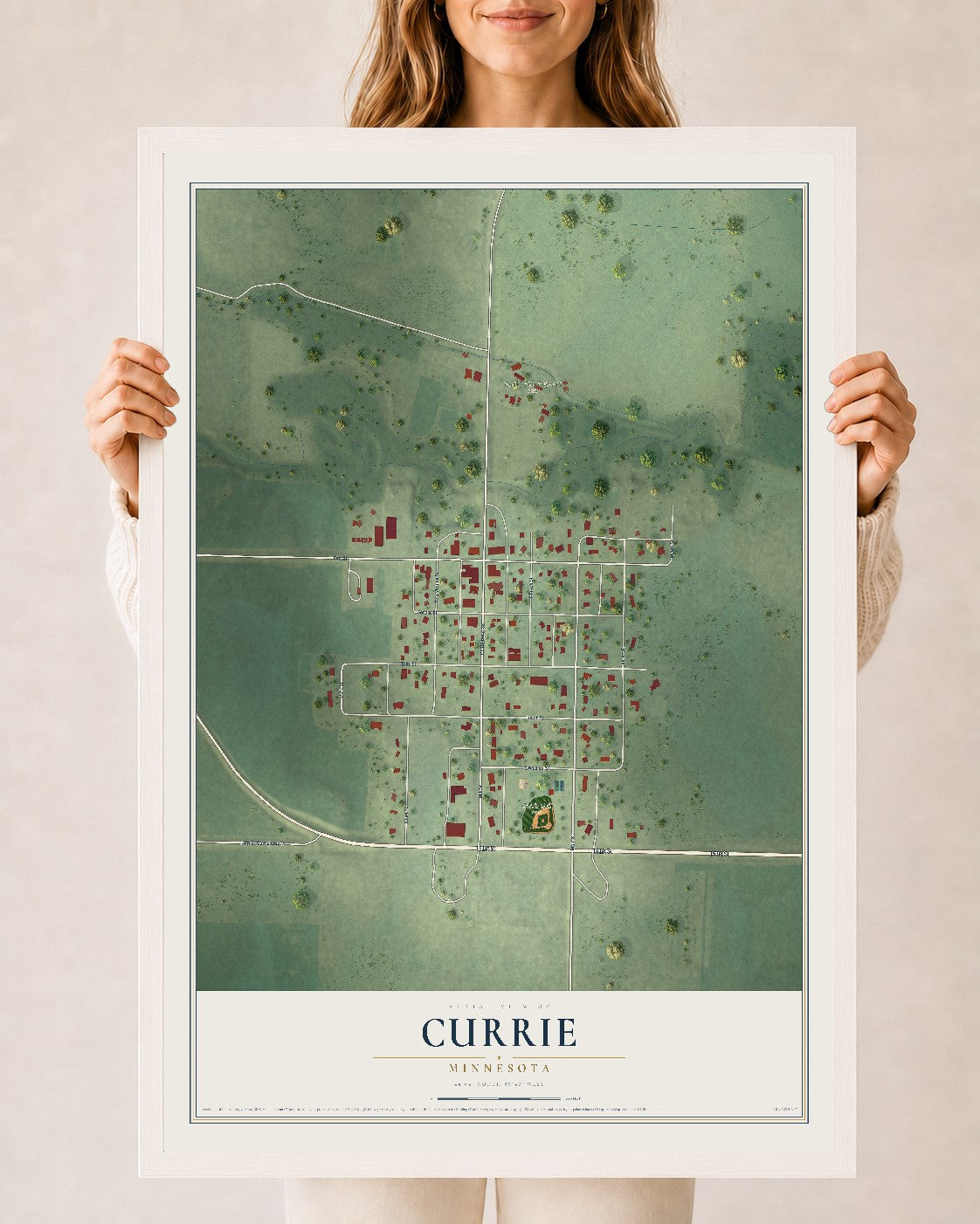 Map of Currie, Minnesota, 24 x 36 inch print in a white wood frame