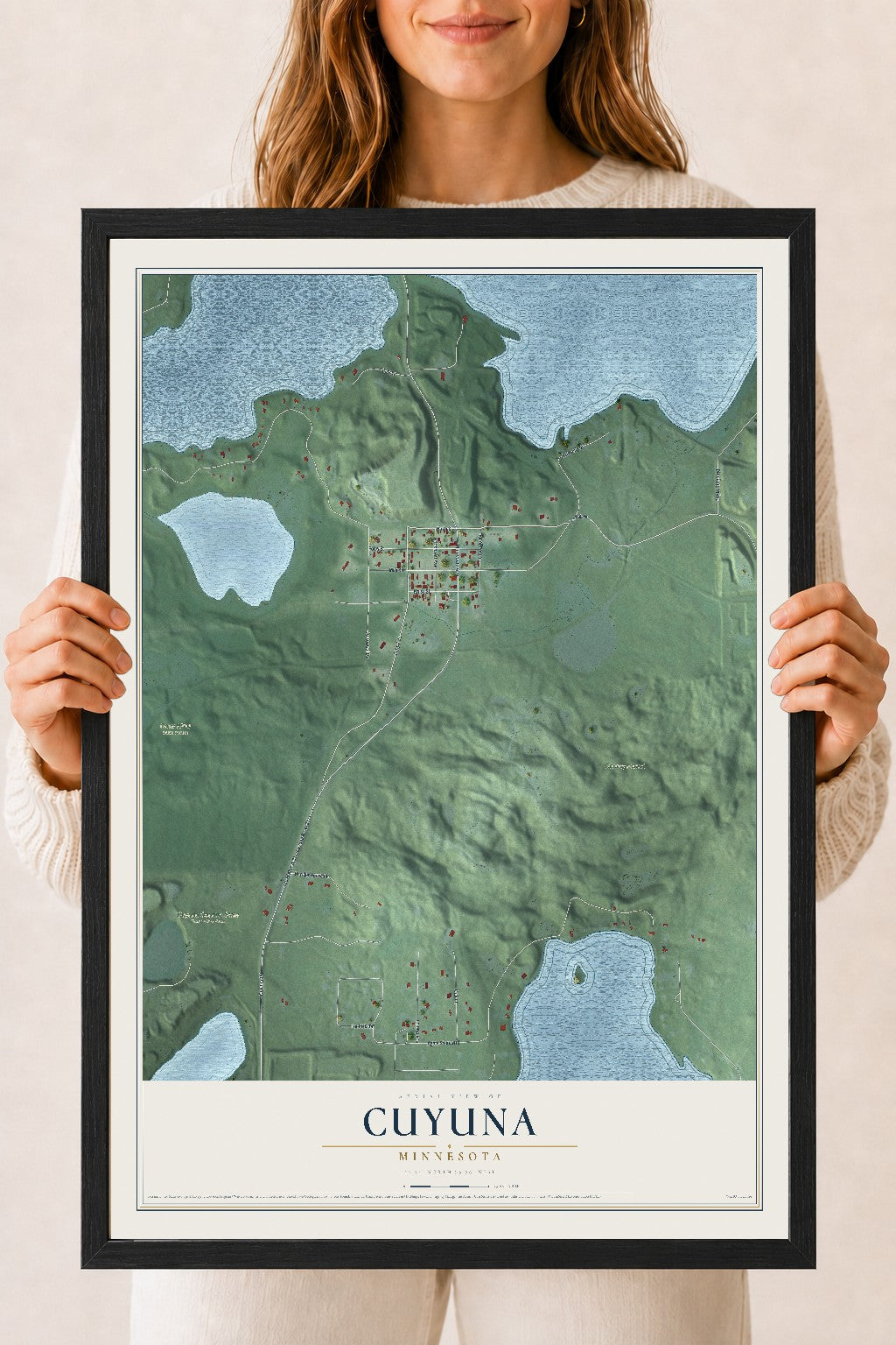 Map of Cuyuna, Minnesota, 18 x 24 inch print in a black wood frame