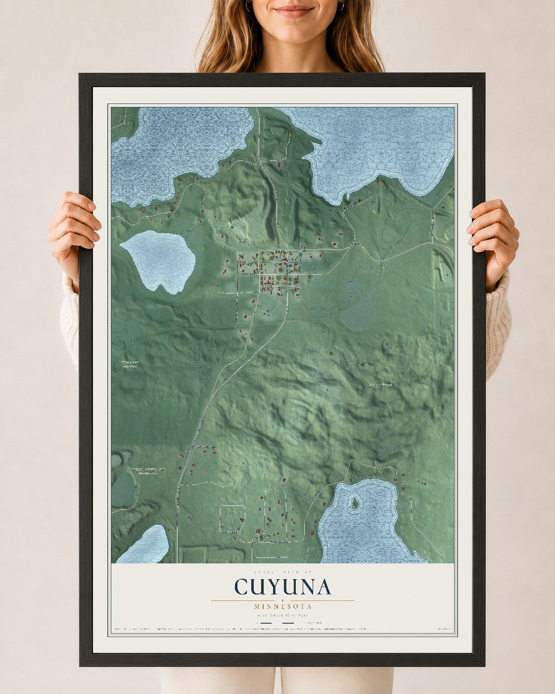 Map of Cuyuna, Minnesota, 24 x 36 inch print in a black wood frame