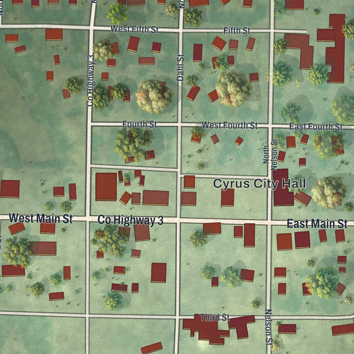 Close-up of the map of Cyrus, Minnesota print showing street and building detail