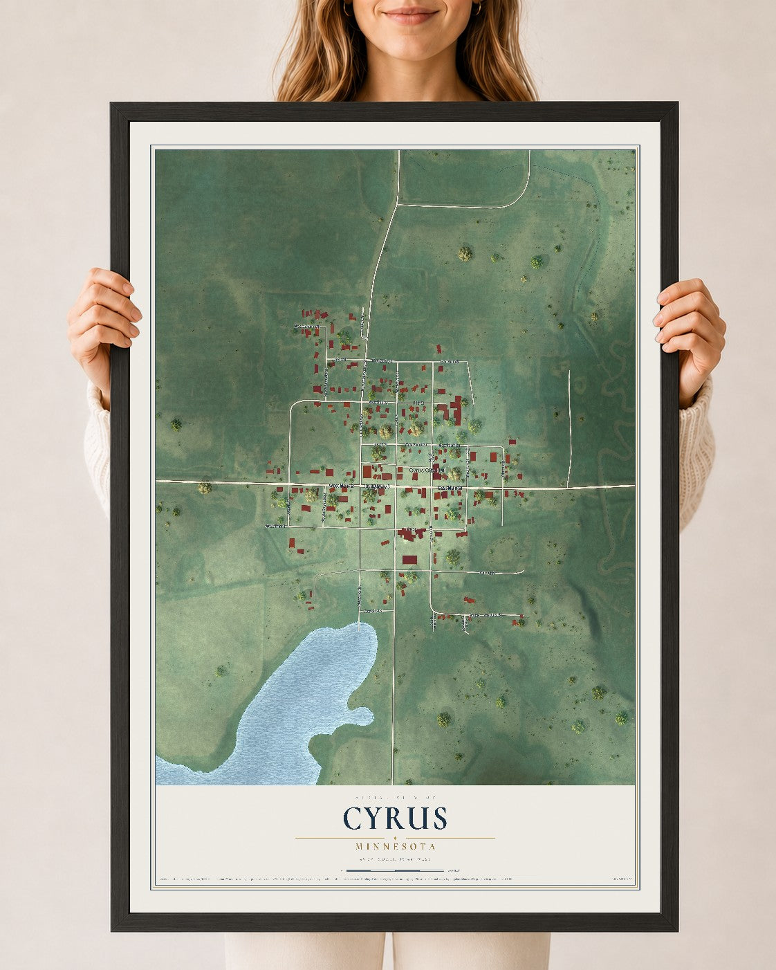 Map of Cyrus, Minnesota, 24 x 36 inch print in a black wood frame