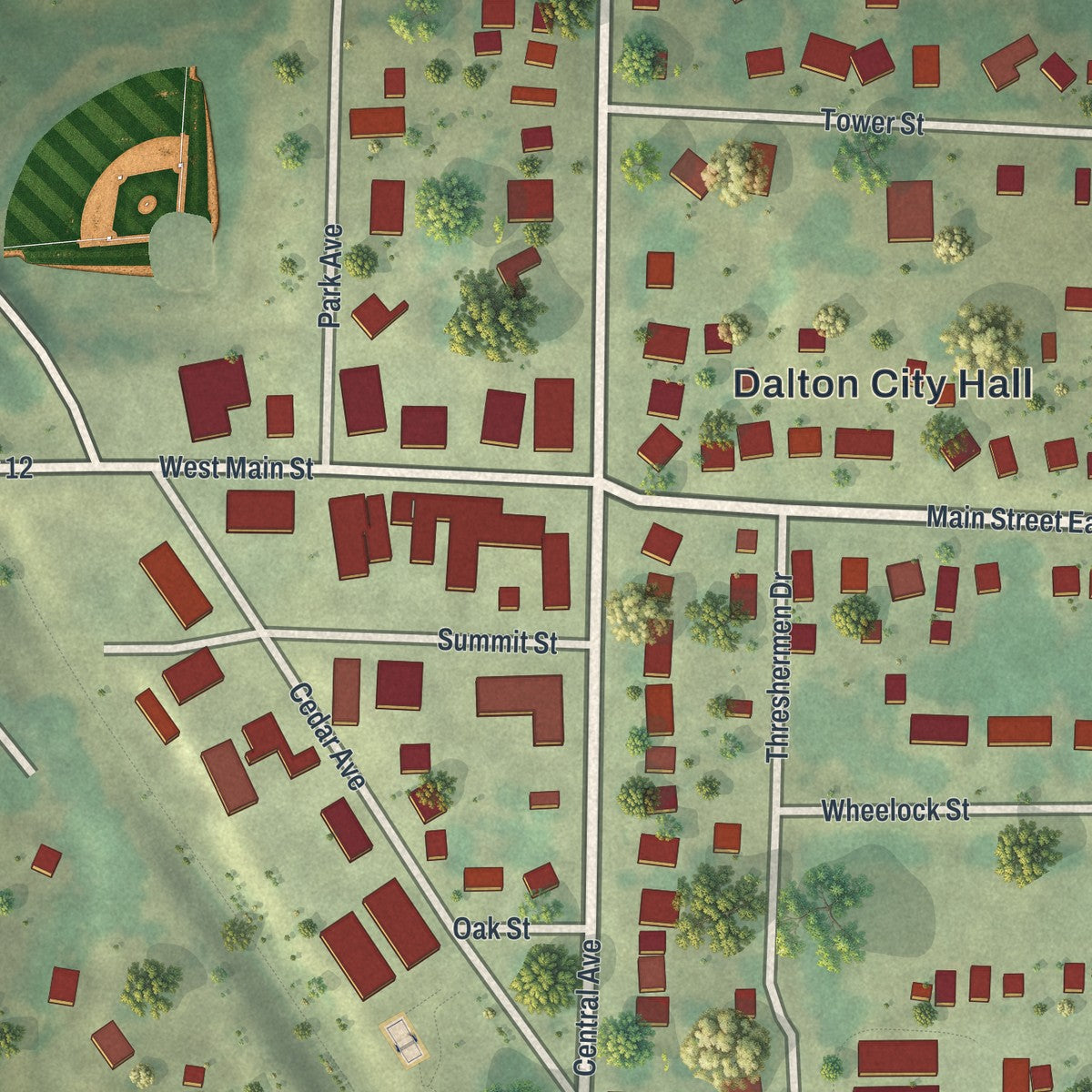 Close-up of the map of Dalton, Minnesota print showing street and building detail
