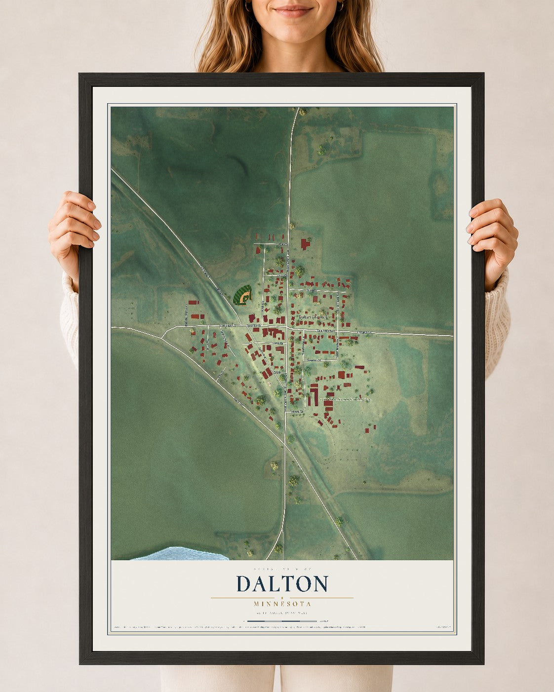 Map of Dalton, Minnesota, 24 x 36 inch print in a black wood frame