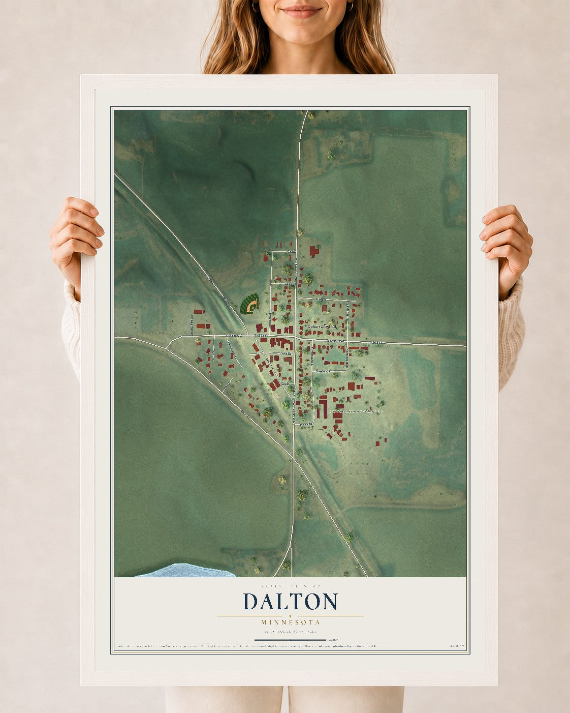 Map of Dalton, Minnesota, 24 x 36 inch print in a white wood frame