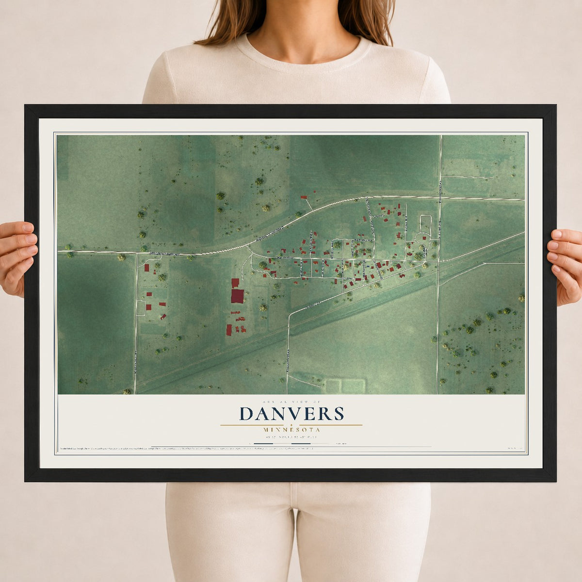 Map of Danvers, Minnesota, 18 x 24 inch print in a black wood frame