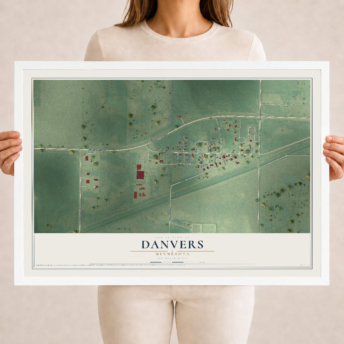 Map of Danvers, Minnesota, 18 x 24 inch print in a white wood frame