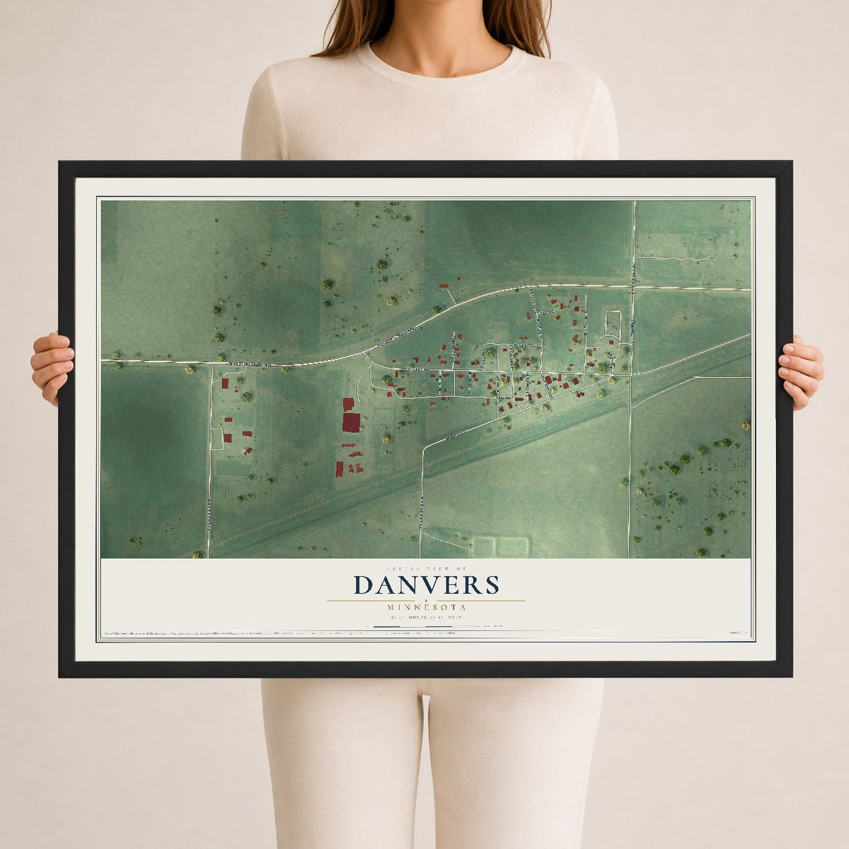 Map of Danvers, Minnesota, 24 x 36 inch print in a black wood frame