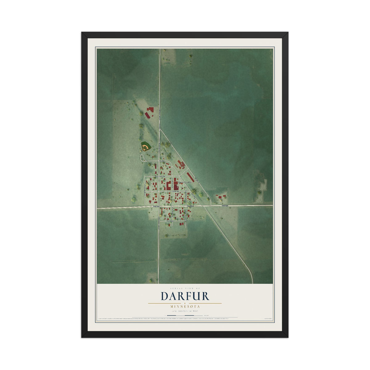 Map of Darfur, Minnesota, 12 x 18 inch print in a black wood frame