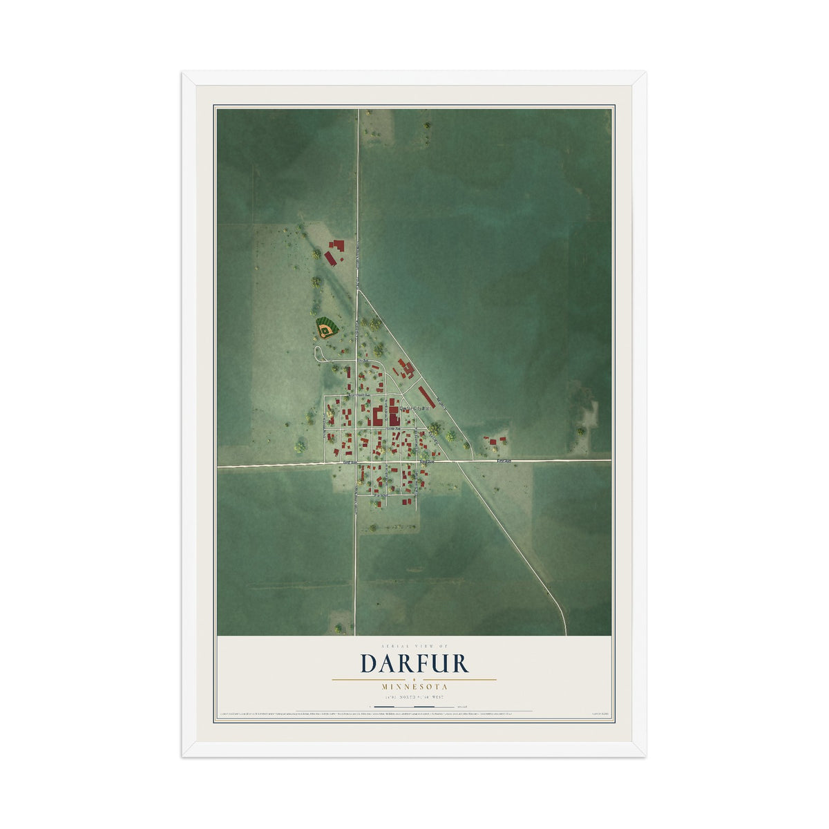 Map of Darfur, Minnesota, 12 x 18 inch print in a white wood frame