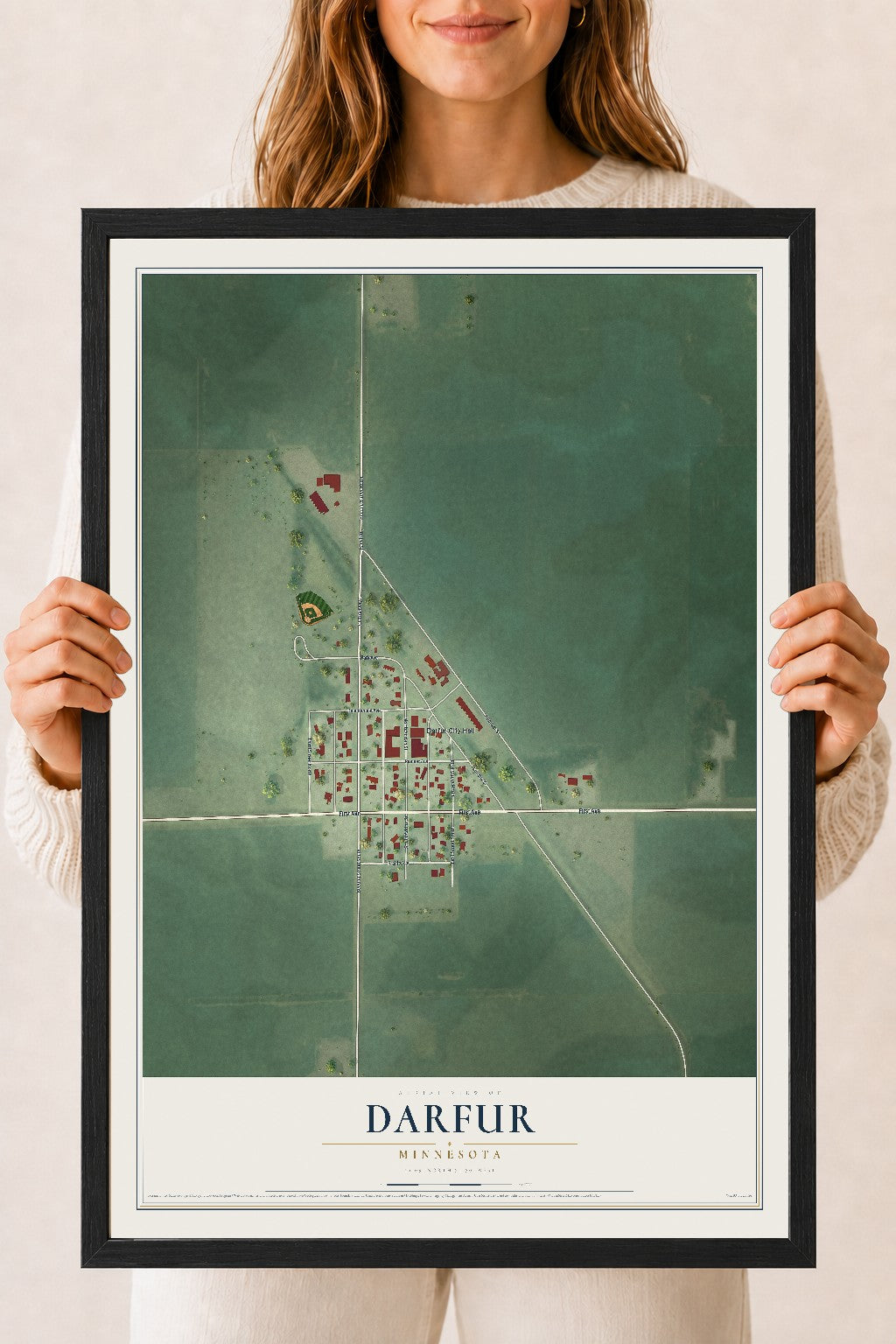Map of Darfur, Minnesota, 18 x 24 inch print in a black wood frame