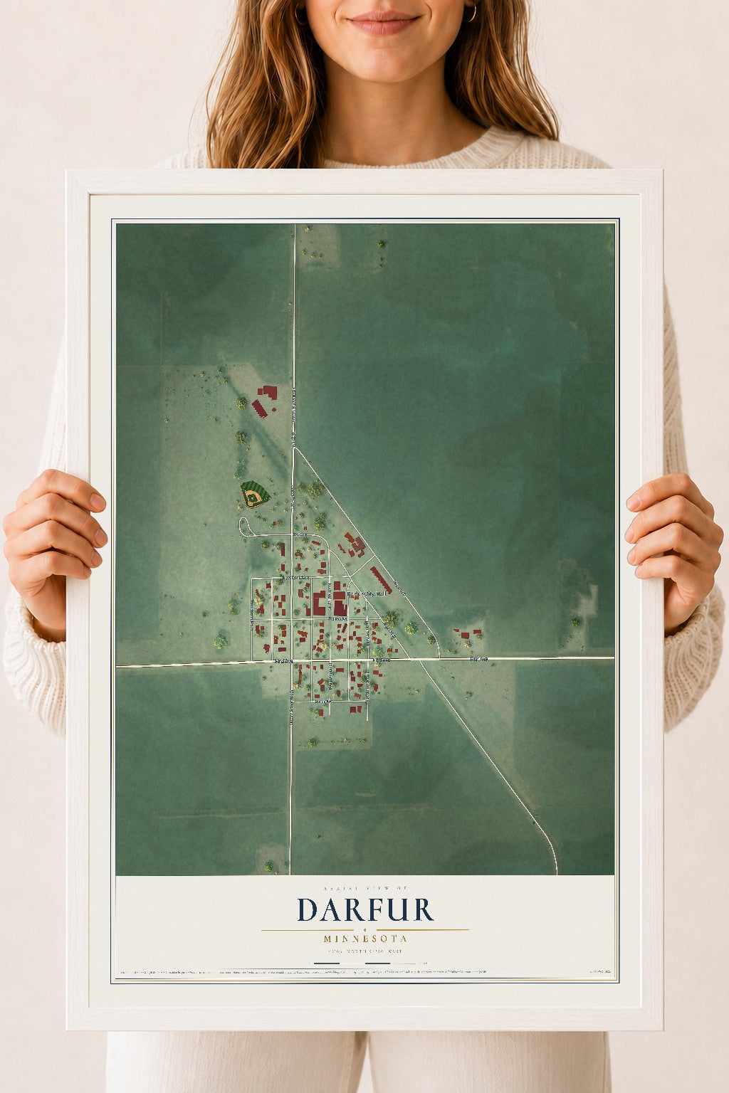 Map of Darfur, Minnesota, 18 x 24 inch print in a white wood frame