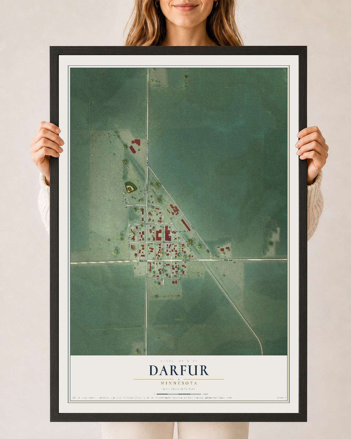 Map of Darfur, Minnesota, 24 x 36 inch print in a black wood frame
