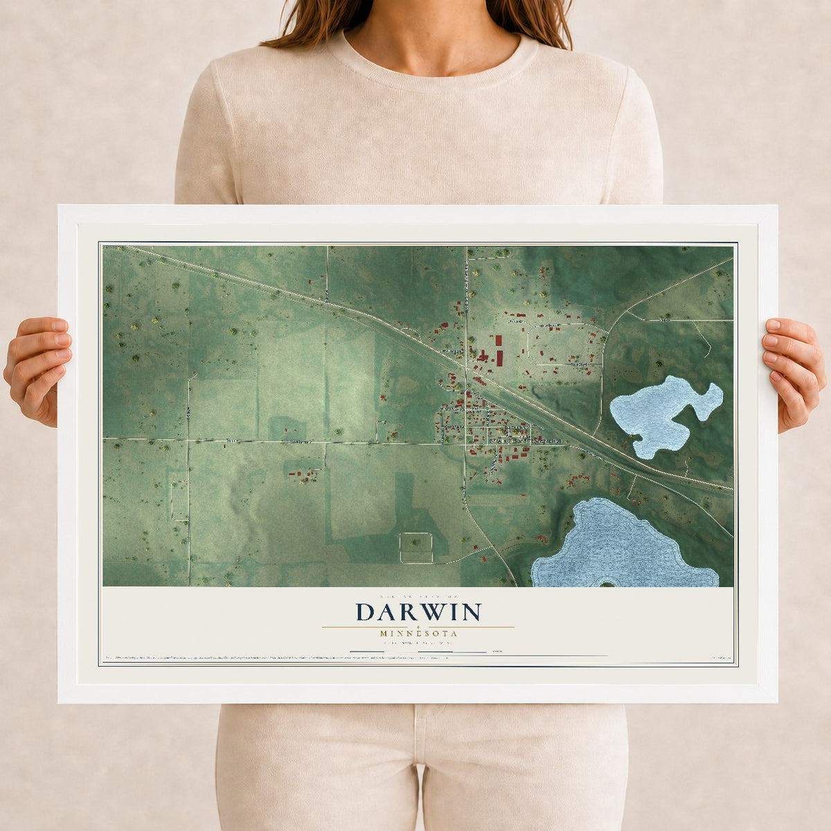 Map of Darwin, Minnesota, 12 x 18 inch print in a white wood frame