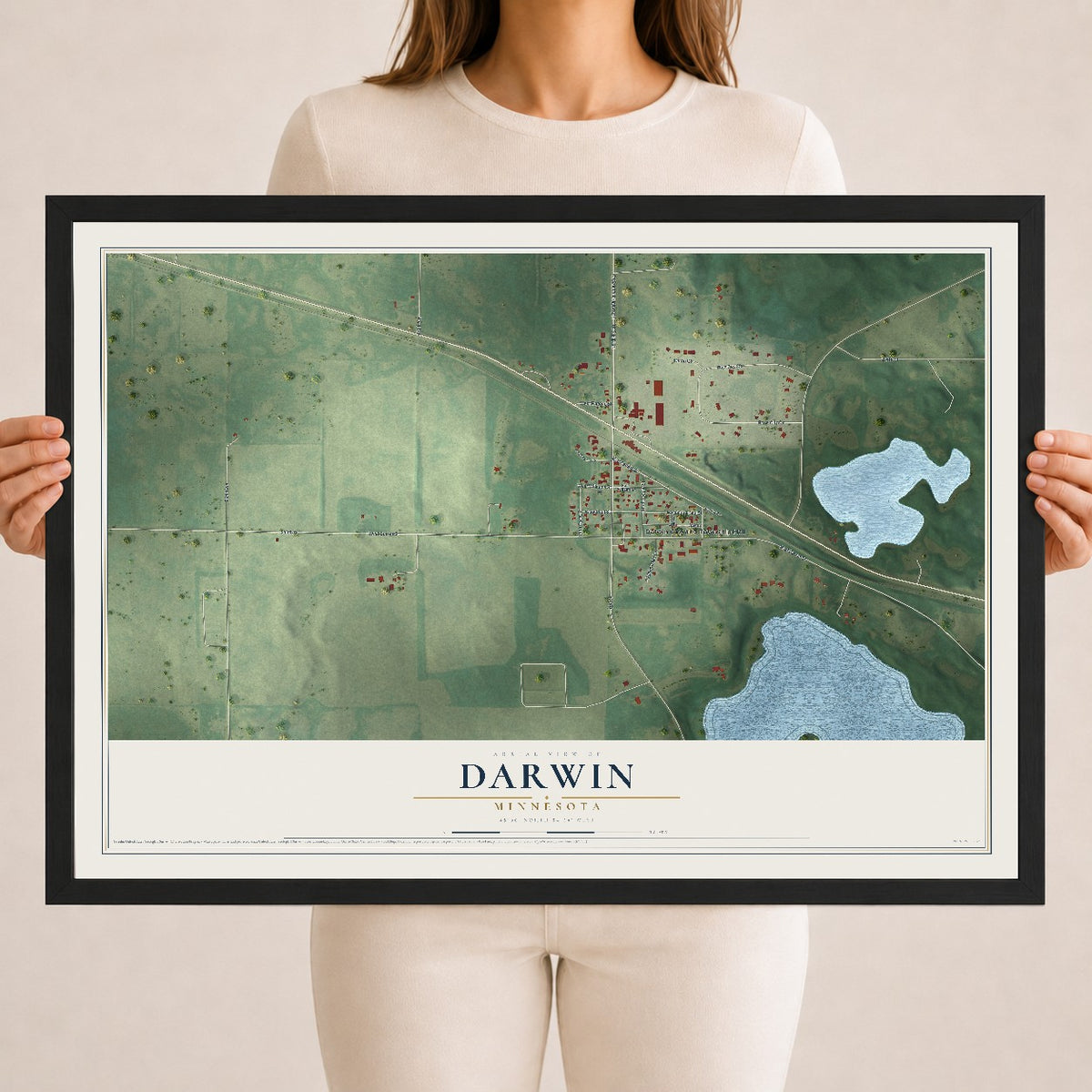 Map of Darwin, Minnesota, 18 x 24 inch print in a black wood frame