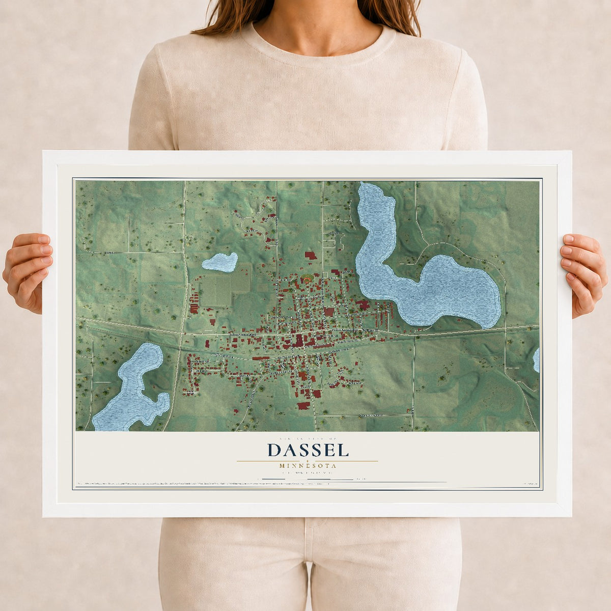 Map of Dassel, Minnesota, 12 x 18 inch print in a white wood frame